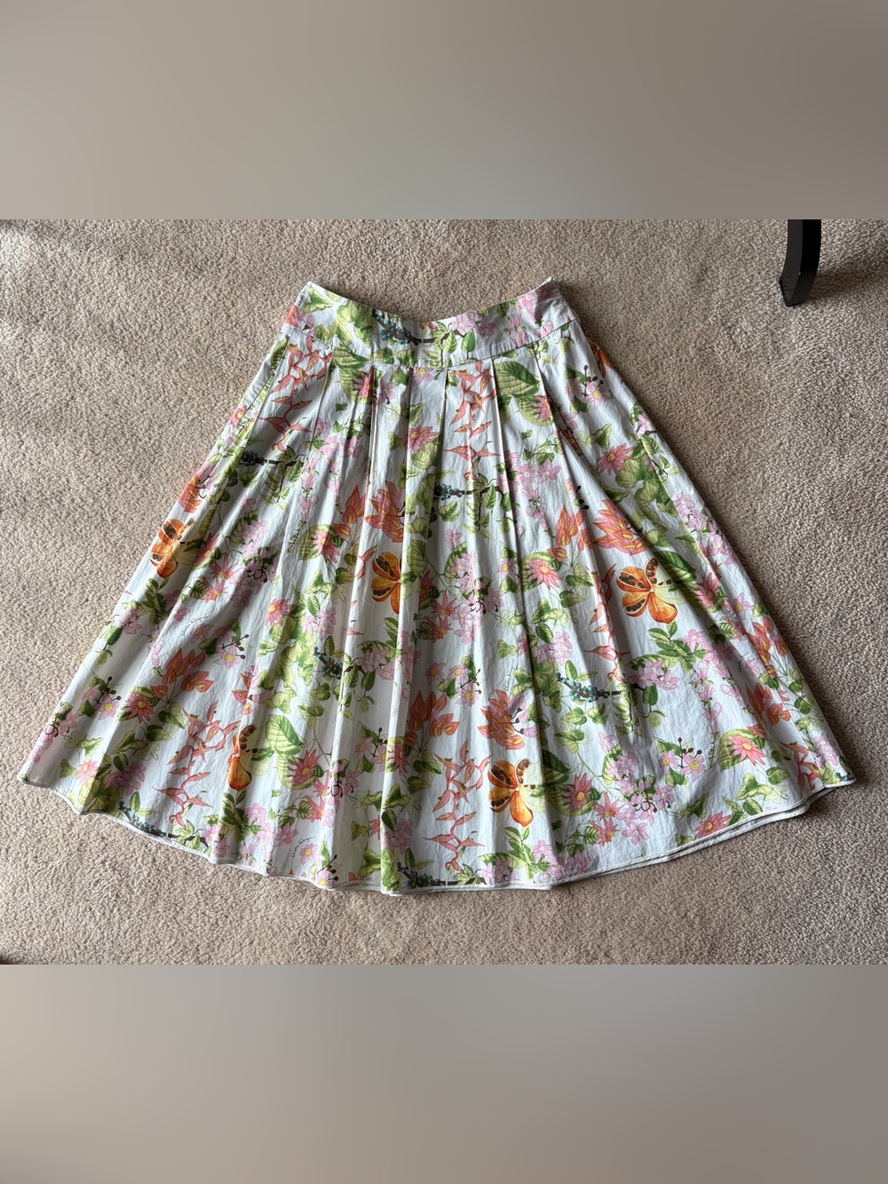 Salvatore Ferragamo White Floral Circle Skirt with Green and Orange Accents